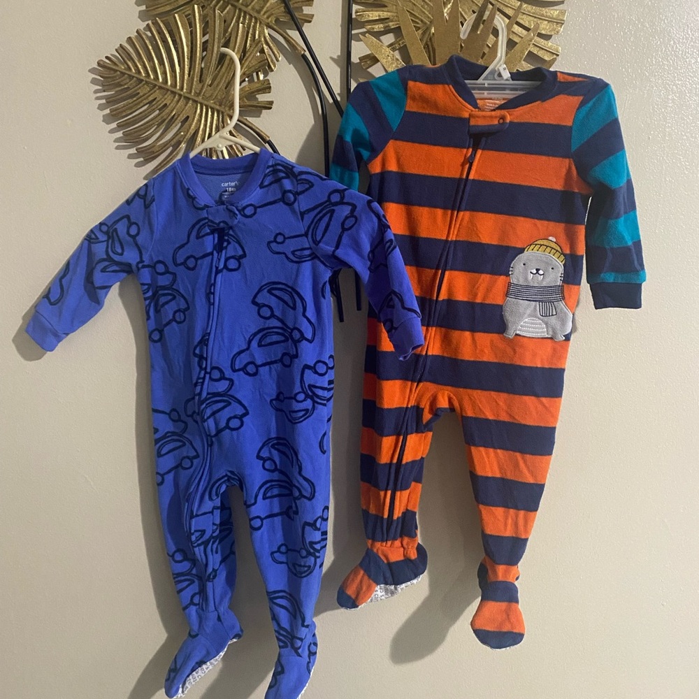 Blue Car Print & Striped Orange Navy One-Piece Pajama Set - Kids